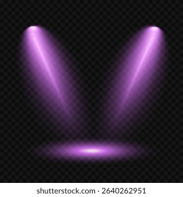 Purple light beam glowing on background. Lighting devices on a transparent background. Violet glow flare light effect. Light sources on dark wall, realistic soft concert light on abstract stage png.