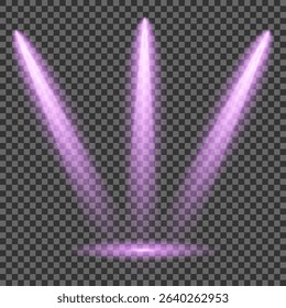 Purple light beam glowing on background. Lighting devices on a transparent background. Violet glow flare light effect. Light sources on dark wall, realistic soft concert light on abstract stage png.