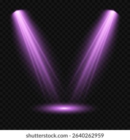 Purple light beam glowing on background. Lighting devices on a transparent background. Violet glow flare light effect. Light sources on dark wall, realistic soft concert light on abstract stage png.