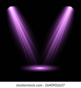 Purple light beam glowing on background. Lighting devices on a transparent background. Violet glow flare light effect. Light sources on dark wall, realistic soft concert light on abstract stage png.