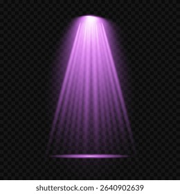 Purple light beam glowing on background. Lighting devices on a transparent background. Violet glow flare light effect. Light sources on dark wall, realistic soft concert light on abstract stage png.