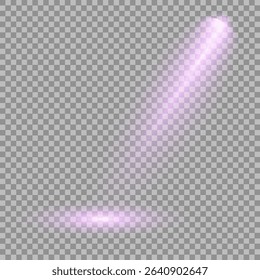 Purple light beam glowing on background. Lighting devices on a transparent background. Violet glow flare light effect. Light sources on dark wall, realistic soft concert light on abstract stage png.