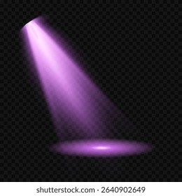 Purple light beam glowing on background. Lighting devices on a transparent background. Violet glow flare light effect. Light sources on dark wall, realistic soft concert light on abstract stage png.