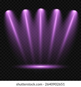 Purple light beam glowing on background. Lighting devices on a transparent background. Violet glow flare light effect. Light sources on dark wall, realistic soft concert light on abstract stage png.
