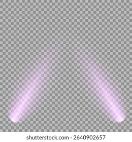 Purple light beam glowing on background. Lighting devices on a transparent background. Violet glow flare light effect. Light sources on dark wall, realistic soft concert light on abstract stage png.