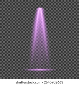 Purple light beam glowing on background. Lighting devices on a transparent background. Violet glow flare light effect. Light sources on dark wall, realistic soft concert light on abstract stage png.