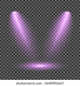 Purple light beam glowing on background. Lighting devices on a transparent background. Violet glow flare light effect. Light sources on dark wall, realistic soft concert light on abstract stage png.