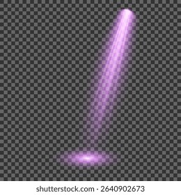 Purple light beam glowing on background. Lighting devices on a transparent background. Violet glow flare light effect. Light sources on dark wall, realistic soft concert light on abstract stage png.