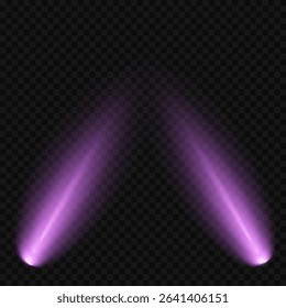Purple light beam glowing on background. Lighting devices on a transparent background. Violet glow flare light effect. Light sources on dark wall, realistic soft concert light on abstract stage png.