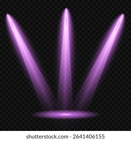Purple light beam glowing on background. Lighting devices on a transparent background. Violet glow flare light effect. Light sources on dark wall, realistic soft concert light on abstract stage png.