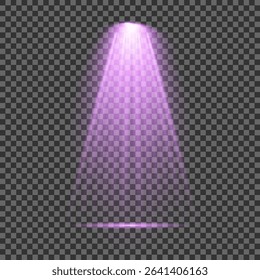 Purple light beam glowing on background. Lighting devices on a transparent background. Violet glow flare light effect. Light sources on dark wall, realistic soft concert light on abstract stage png.