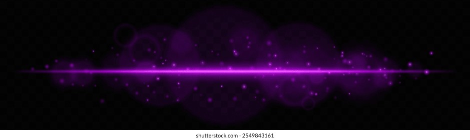 Feixe de luz roxo com partículas brilhantes. Um efeito de brilho horizontal futurista. Design de ficção científica, listras de energia de néon ou transições de luz. Vermelho dinâmico com um toque cósmico.