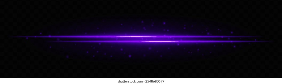 Haz de luz púrpura con efectos de partículas. Una brillante racha Horizontal para transiciones de ciencia ficción, futuristas o de diseño. Línea de neón brillante y fondo de ráfaga de luz dinámica.
