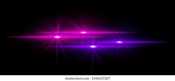 Purple light beams with star-like bursts and radiant glow. Horizontal streaks create intense illumination and contrasting colors on a dark background