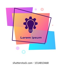 Purple Light bulb and gear icon isolated on white background. Innovation concept. Business idea. Color rectangle button. Vector Illustration