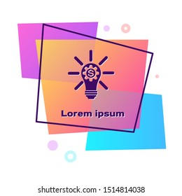 Purple Light bulb with gear inside and dollar symbol icon isolated on white background. Fintech innovation concept. Color rectangle button. Vector Illustration