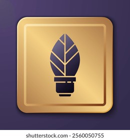 Purple Light bulb with leaf icon isolated on purple background. Eco energy concept. Alternative energy concept. Gold square button. Vector Illustration