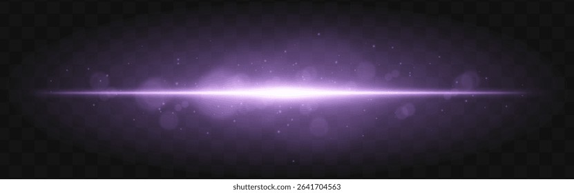 Purple light burst. Bright horizontal beam with glowing particles and soft flare effect over dark grid background, suitable for sci-fi or tech visuals.