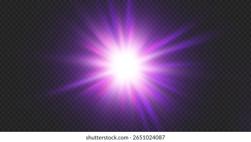 Purple light burst shines with radiant pink and violet beams. Transparent background accentuates glowing starburst. Abstract flare evokes dynamic illumination.