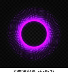 Purple light circle with sparkles. A silver flash flies in a circle in a luminous ring. Abstract glittering swirl.