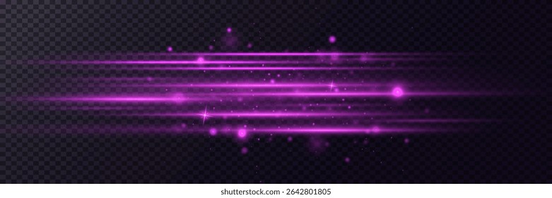 Purple light effect of light. Small dust particles effect. Horizontal line of glare. Neon rays.