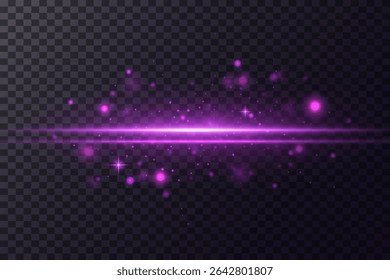 Purple light effect of light. Small dust particles effect. Horizontal line of glare. Neon rays.