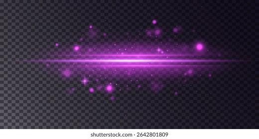 Purple light effect of light. Small dust particles effect. Horizontal line of glare. Neon rays.