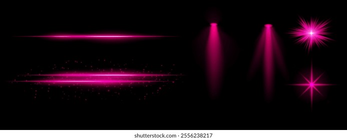 Purple light effects set. Glowing streaks, sparkles, spotlight beams, vibrant starbursts, bright blue illumination, decorative particles, futuristic design, abstract lighting.