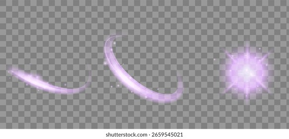 Conjunto de efectos de luz púrpura. Espirales brillantes, remolinos y orbe mágico sobre fondo transparente