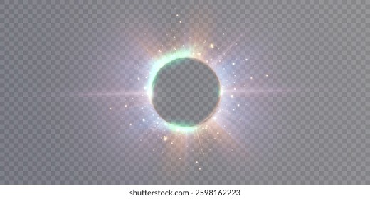 Purple light flare, glowing border of light eclipse, lens flare effect, bright shimmering glare. Vector illustration.