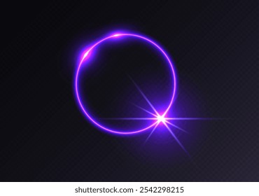Purple light flare, glowing shiny sparkle, lens flare effect, bright glimmering glare. Vector illustration.