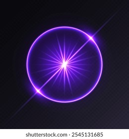 Purple light flare, glowing shiny sparkle, lens flare effect, bright glimmering glare. Vector illustration.