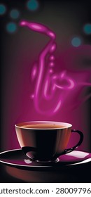 Purple light glows softly above a steaming coffee cup. Warm drink sits on a matching saucer, glowing in dim light. Steam curls upward like music, drifting toward a saxophone shape