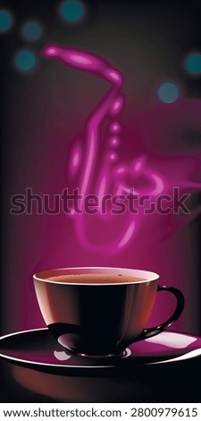 Purple light glows softly above a steaming coffee cup. Warm drink sits on a matching saucer, glowing in dim light. Steam curls upward like music, drifting toward a saxophone shape