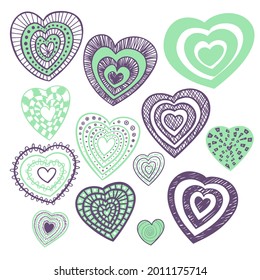 Purple and light green several hearts in different styles.