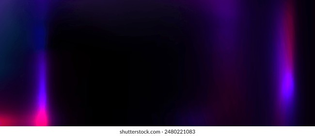 Purple light leak effect background. Film bokeh flare overlay. Vintage photo filter texture template. Exposed saturated photography wallpaper. Abstract blurry neon gradient backdrop. Vector