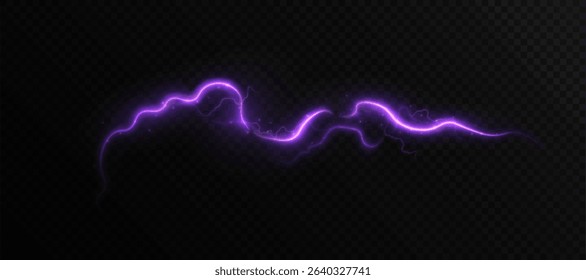 Purple light lightning with wave-like glow and energetic sparks on dark background. Suitable for special effects, fantasy, game interfaces and dynamic visualizations.