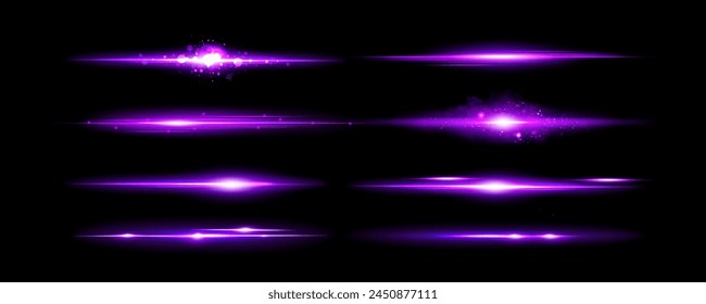 Purple light lines set isolated on black background. Vector realistic illustration of neon shine effect with smoke, sparkles and shimmering particles, magic glare divider, shiny led border element