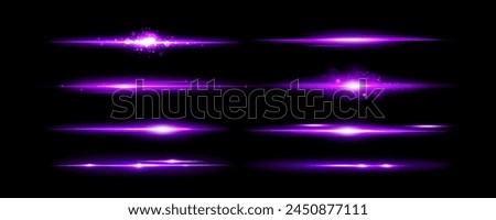 Purple light lines set isolated on black background. Vector realistic illustration of neon shine effect with smoke, sparkles and shimmering particles, magic glare divider, shiny led border element