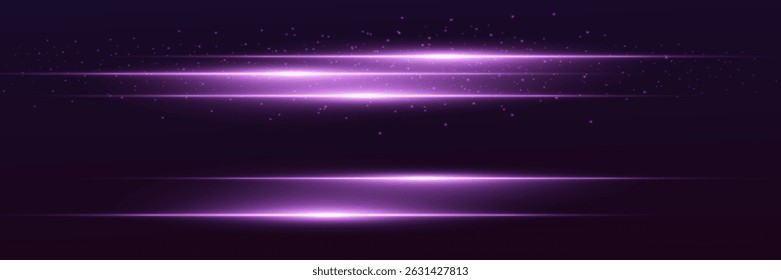 Colección de rayos de luz púrpura. Efectos de luz de movimiento de alta velocidad de neón. Vector EPS 10.