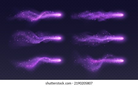 Purple light trail, magic stardust with haze and sparkles, realistic fantasy game vfx effects collection, spell blast in motion isolated on dark background. Vector illustration.