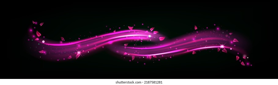 Purple light wave with sparks and leaves. Magic glow effect with star dust and sparkles. Abstract flow, isolated magician spell, shiny wizard trace, fairy lightnings, Realistic 3d Vector illustration