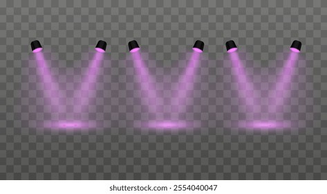 Purple lighting set projector. Adjustable spotlights, angled beams, ceiling-mounted fixtures, bright illumination, modern stage setup, vibrant lighting, event decoration, contemporary design