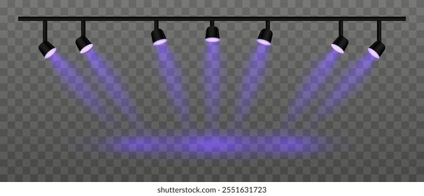 Purple lighting set projector. Multiple spotlights, angled beams, warm glow, ceiling-mounted fixtures, stage illumination, event setup, contemporary design, interior lighting, electric decor