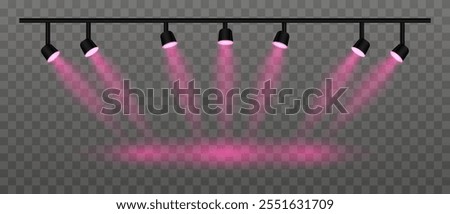 Purple lighting set projector. Multiple spotlights, angled beams, warm glow, ceiling-mounted fixtures, stage illumination, event setup, contemporary design, interior lighting, electric decor