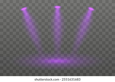 Purple lighting set projector. Three focused beams, ceiling-mounted spotlights, warm glow, stage illumination, modern decor, event setup, bright lighting, professional design.