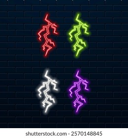purple lightning bolt mounted neon signs. High-voltage neon symbol, light banner design element colorful modern design trends.