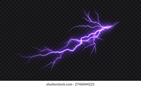 Purple lightning with branching arcs, abstract energy strike. Vector illustration isolated on a dark background.