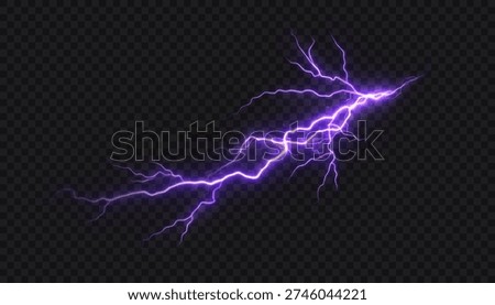 Purple lightning with branching arcs, abstract energy strike. Vector illustration isolated on a dark background.