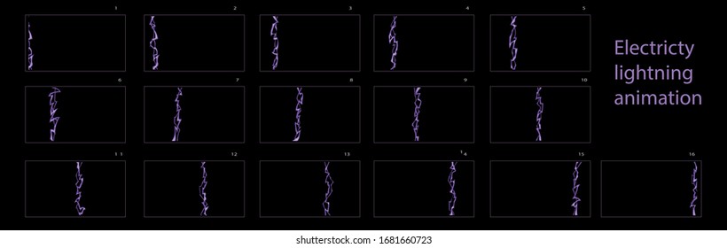 Purple lightning, electricity thunderbolt effect animation. Frames sprite vector illustration.  Electticity animation sprite sheet for game or cartoon or animation- Vector